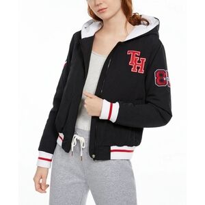 Tommy Hilfiger Sport Womens Black TH Patch Varsity Bomber Hoodie Jacket Size S